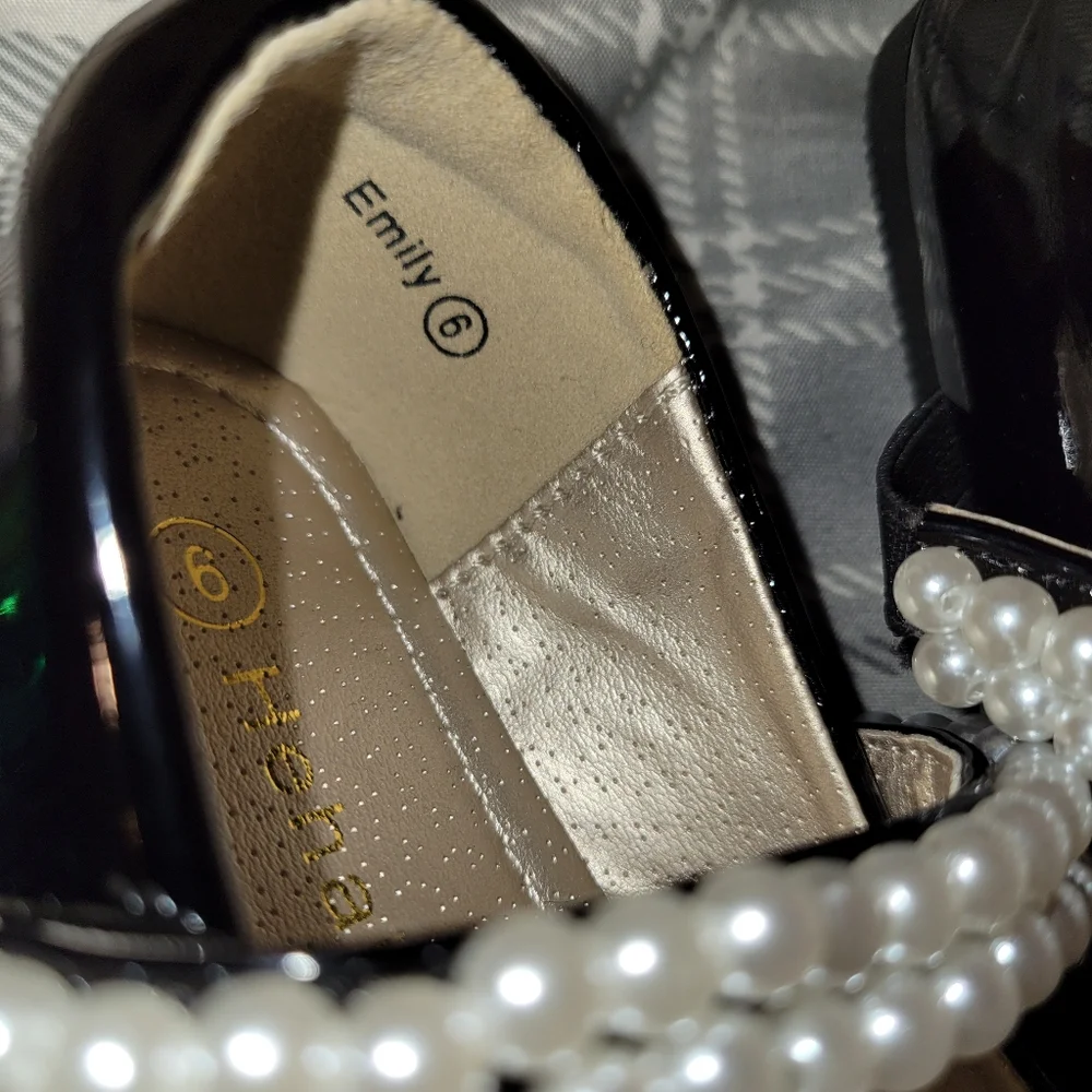 Hehainom Mary Jane Princess Ballet Flats Double Row Pearl Shoes w Free Headband - Picture 4 of 8
